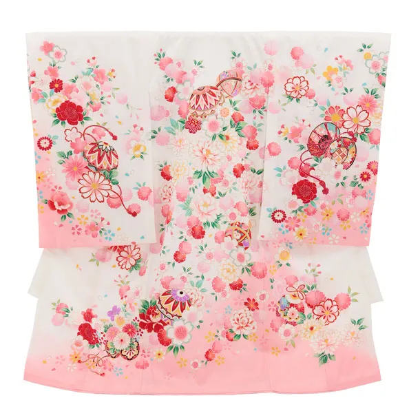 女児産着 お宮参りレンタル2989【正絹】 白地裾ピンク 鞠に花づくし