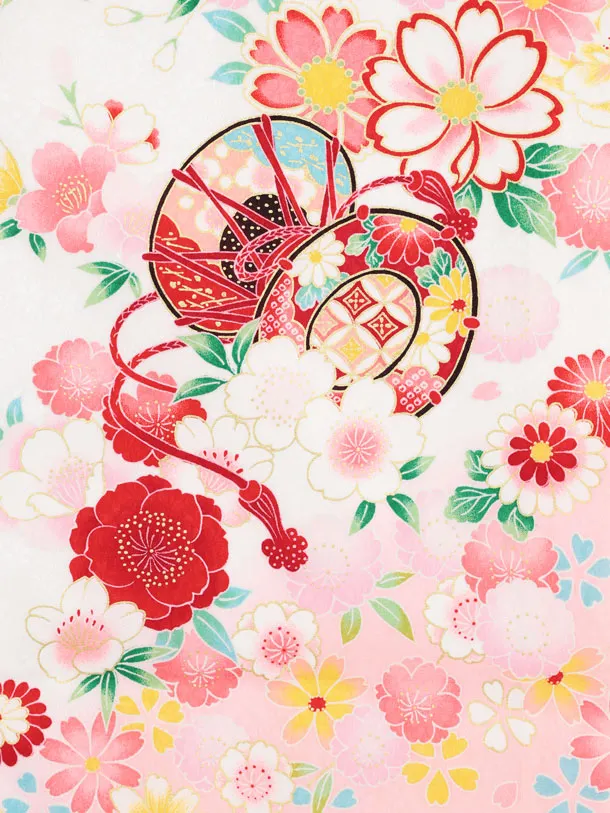 女児産着 お宮参りレンタル2989【正絹】 白地裾ピンク 鞠に花づくし