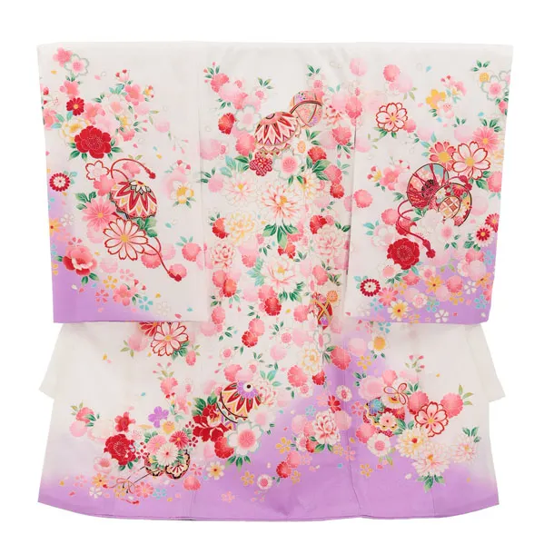 女児産着 お宮参りレンタル2990【正絹】 白地裾紫 鞠に花づくし