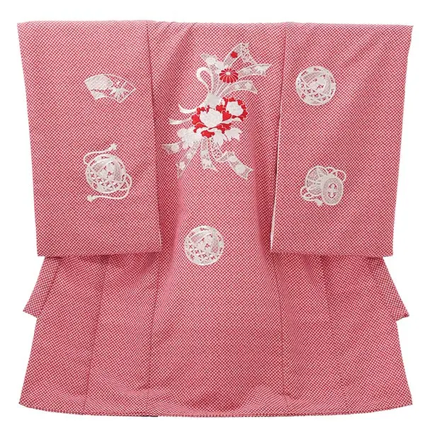 女児産着 お宮参りレンタル O261 赤地 疋田柄刺繍花熨斗まり