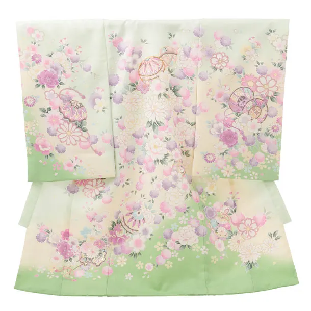 女児産着 お宮参りレンタルR002 淡グリーン地 マリに桜