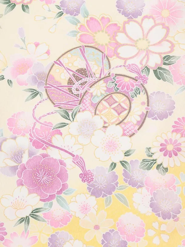 女児産着 お宮参りレンタルR003 薄黄色 マリに桜