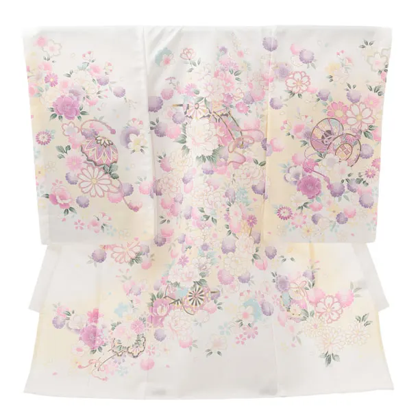 夏用 女児産着 お宮参りレンタルR004 単衣 白地 花車に桜