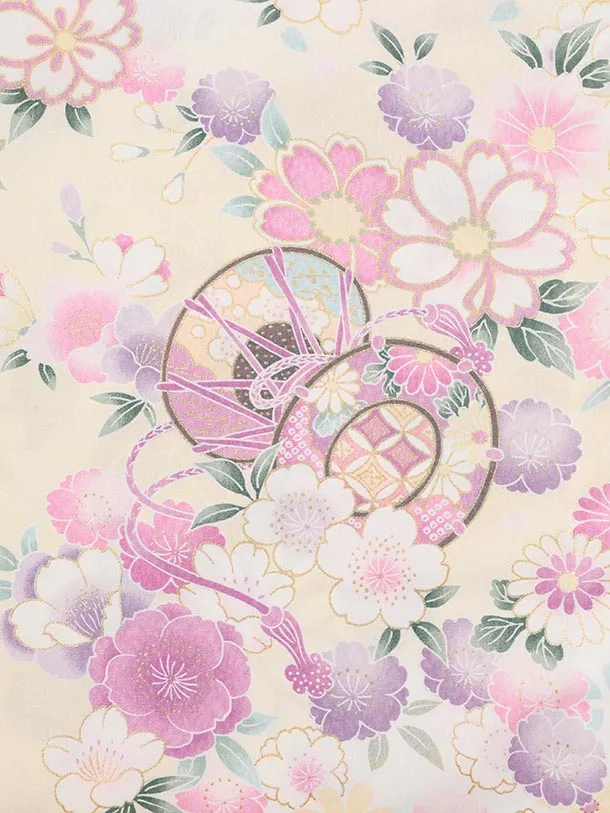 夏用 女児産着 お宮参りレンタルR004 単衣 白地 花車に桜