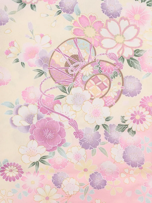 夏用 女児産着 お宮参りレンタルR005 単衣 薄ピンク 花車に桜