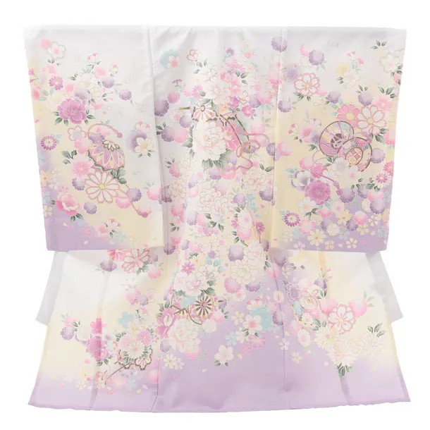 夏用 女児産着 お宮参りレンタルR006 単衣 薄パープル 花車に桜