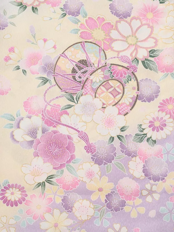 夏用 女児産着 お宮参りレンタルR006 単衣 薄パープル 花車に桜