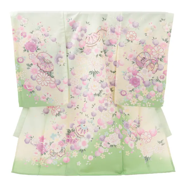 夏用 女児産着 お宮参りレンタルR008 単衣 淡グリーン地 マリに桜