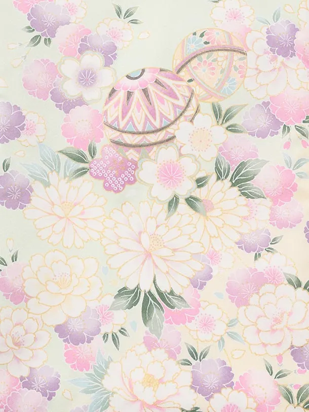 夏用 女児産着 お宮参りレンタルR008 単衣 淡グリーン地 マリに桜