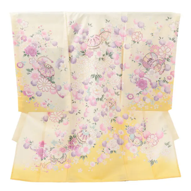 夏用 女児産着 お宮参りレンタルR009 単衣 薄黄色 マリに桜