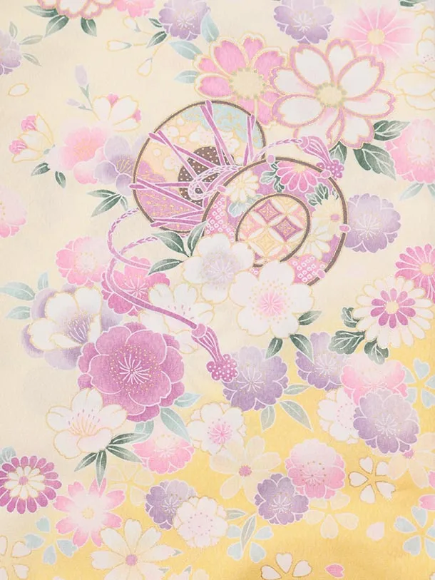 夏用 女児産着 お宮参りレンタルR009 単衣 薄黄色 マリに桜