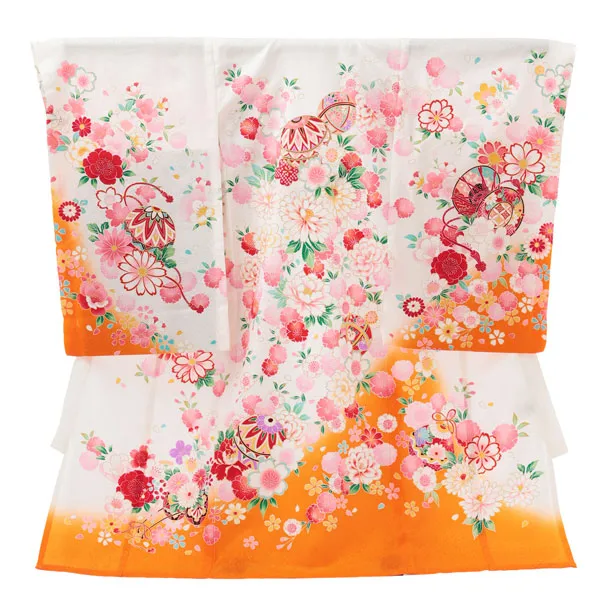 夏用 女児産着 お宮参りR010【正絹単衣】 白地裾オレンジ 鞠に花づくし