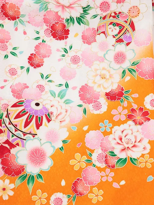 夏用 女児産着 お宮参りR010【正絹単衣】 白地裾オレンジ 鞠に花づくし