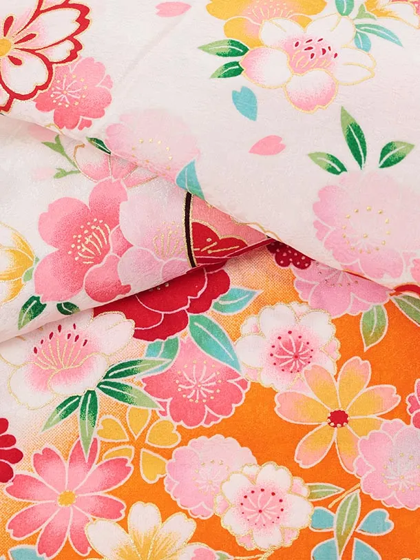 夏用 女児産着 お宮参りR010【正絹単衣】 白地裾オレンジ 鞠に花づくし