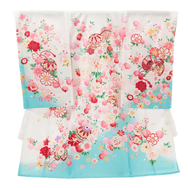 夏用 女児産着 お宮参りレンタルR011【正絹単衣】 白地裾水色 鞠に花づくし