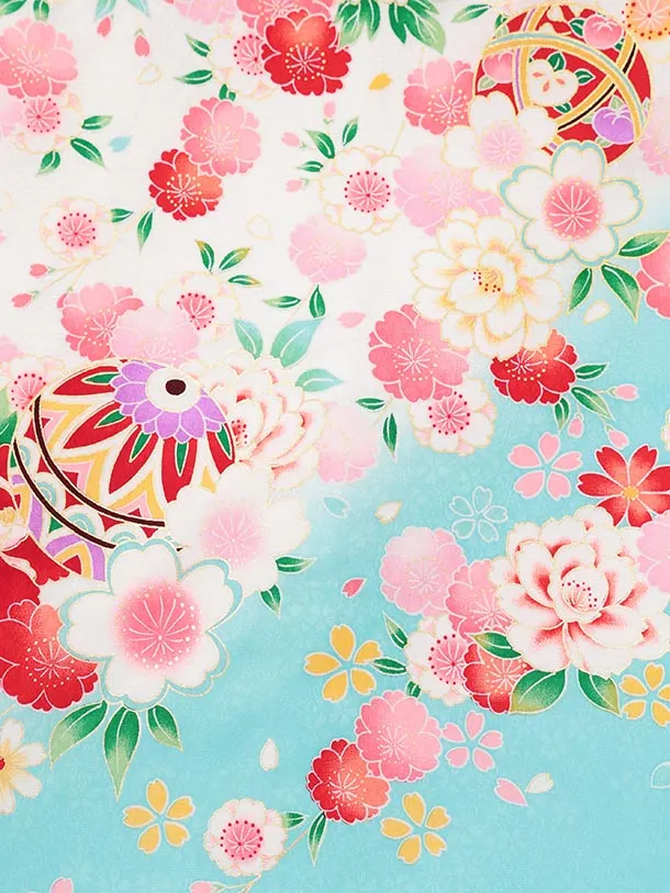 夏用 女児産着 お宮参りレンタルR011【正絹単衣】 白地裾水色 鞠に花づくし