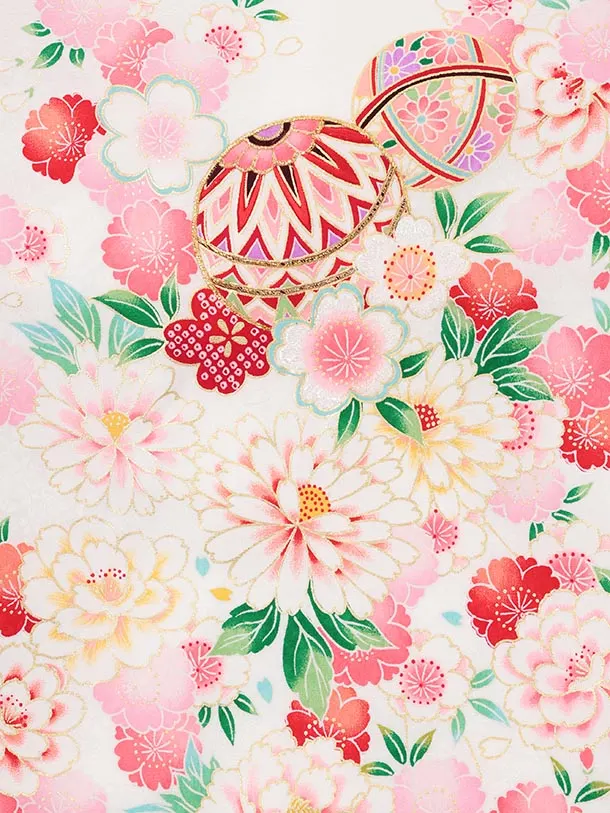 夏用 女児産着 お宮参りレンタルR012【正絹単衣】 白地裾赤 鞠に花づくし