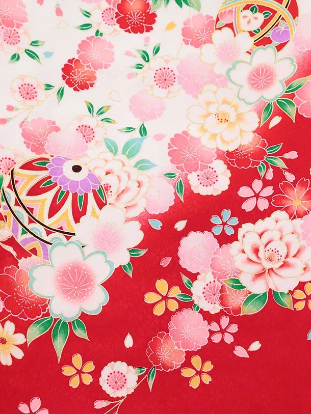 夏用 女児産着 お宮参りレンタルR012【正絹単衣】 白地裾赤 鞠に花づくし