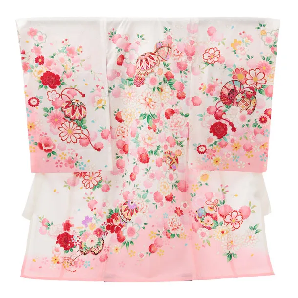 夏用 女児産着 お宮参りレンタルR013【正絹単衣】 白地裾ピンク 鞠に花づくし