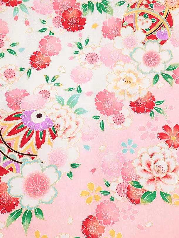 夏用 女児産着 お宮参りレンタルR013【正絹単衣】 白地裾ピンク 鞠に花づくし