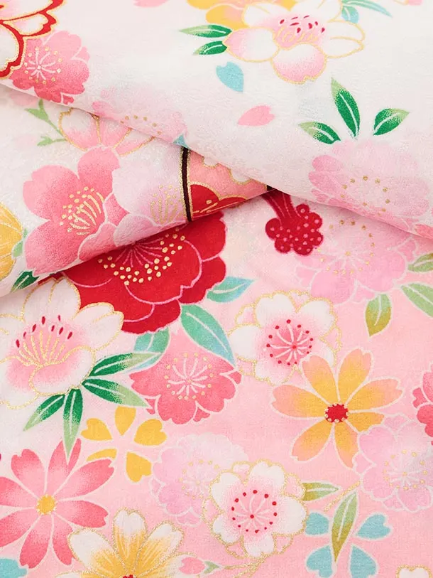 夏用 女児産着 お宮参りレンタルR013【正絹単衣】 白地裾ピンク 鞠に花づくし