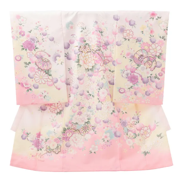 女児産着 お宮参りレンタルR017 薄ピンク 花車に桜