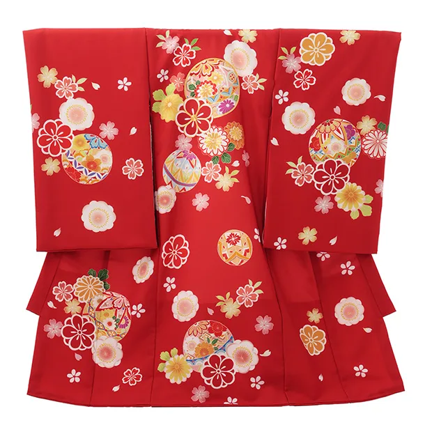 女児産着 お宮参りレンタルR018 赤地 鞠と桜 菊