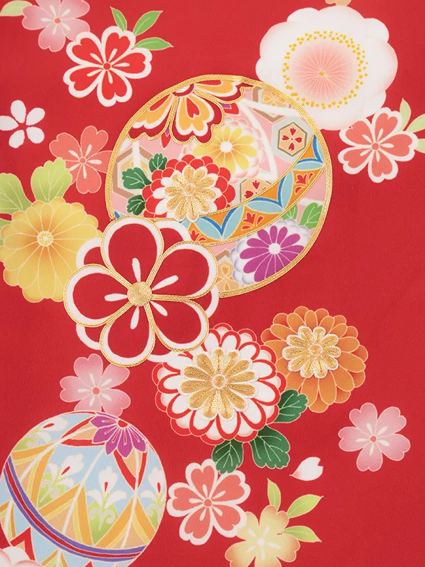 女児産着 お宮参りレンタルR018 赤地 鞠と桜 菊