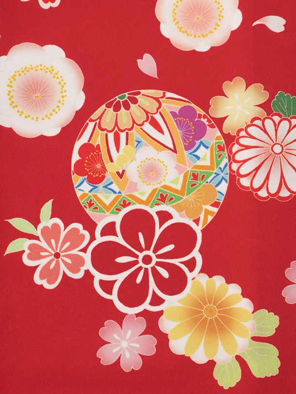 女児産着 お宮参りレンタルR018 赤地 鞠と桜 菊