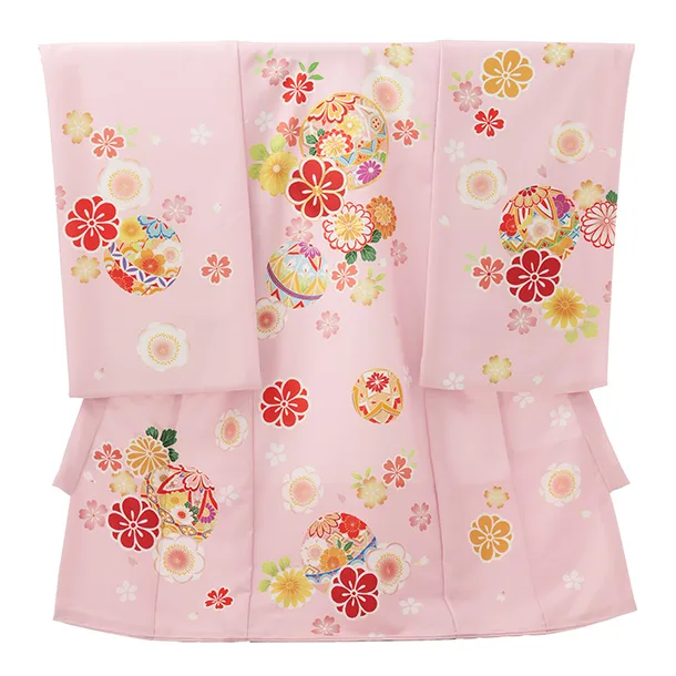 女児産着 お宮参りレンタルR019 ピンク地 鞠と桜 菊