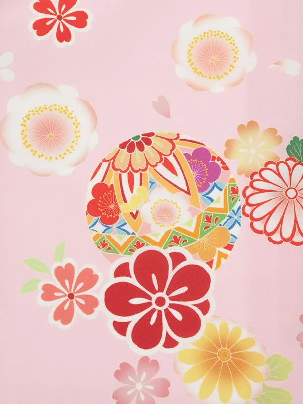 女児産着 お宮参りレンタルR019 ピンク地 鞠と桜 菊