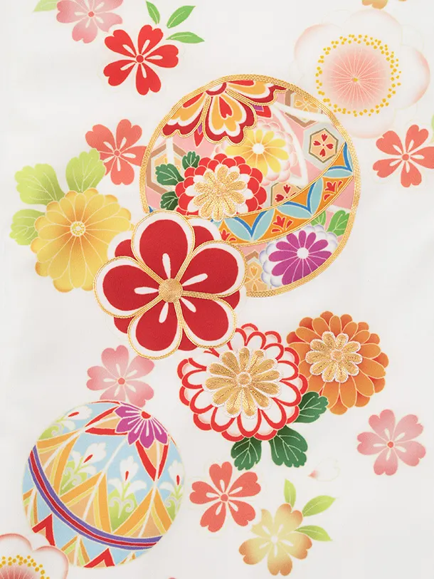 女児産着 お宮参りレンタルR020 白地 鞠と桜 菊