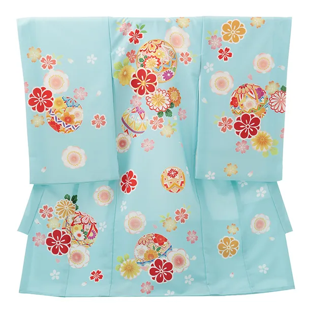 女児産着 お宮参りレンタルR021 水色地 鞠と桜 菊
