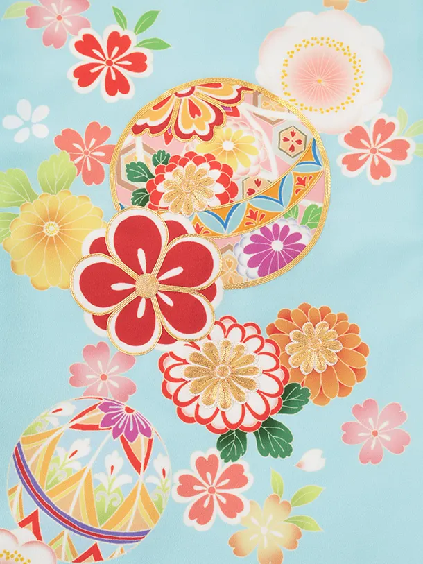 女児産着 お宮参りレンタルR021 水色地 鞠と桜 菊