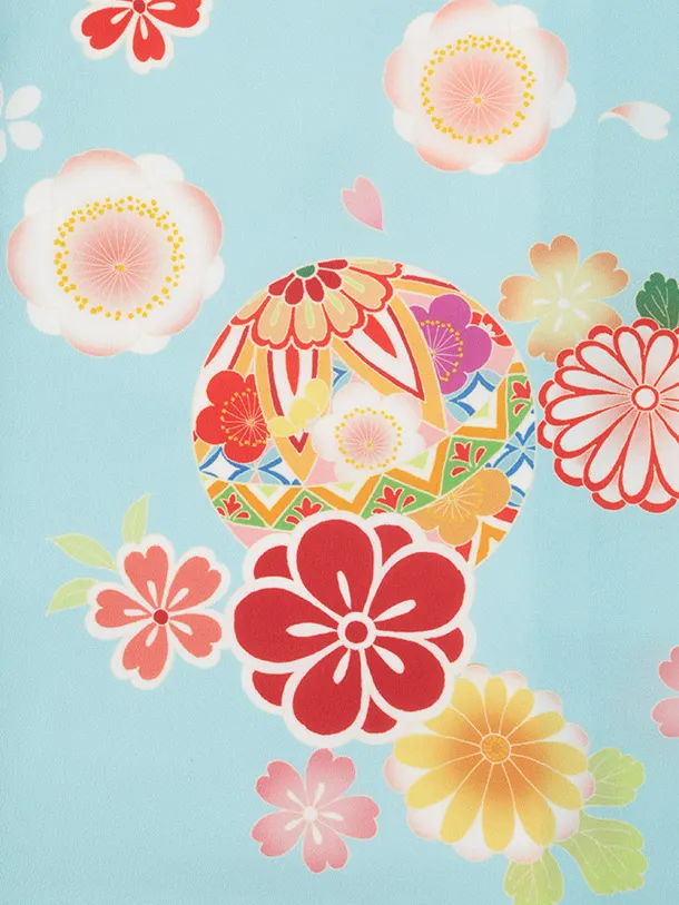 女児産着 お宮参りレンタルR021 水色地 鞠と桜 菊