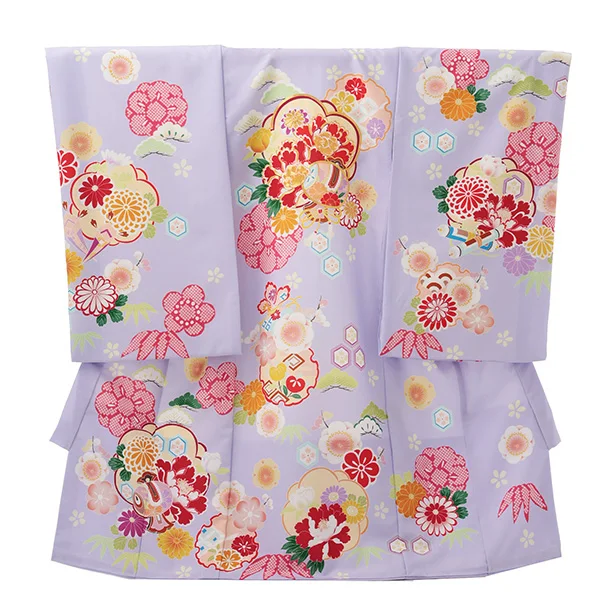 女児産着 お宮参りレンタルR022 紫地 牡丹に松竹梅
