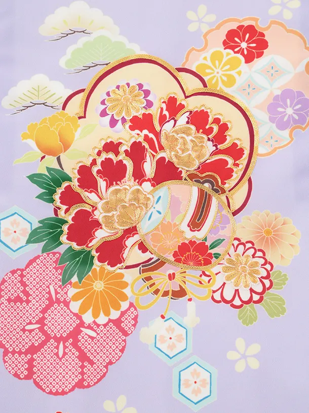 女児産着 お宮参りレンタルR022 紫地 牡丹に松竹梅