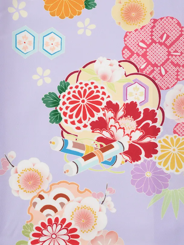 女児産着 お宮参りレンタルR022 紫地 牡丹に松竹梅