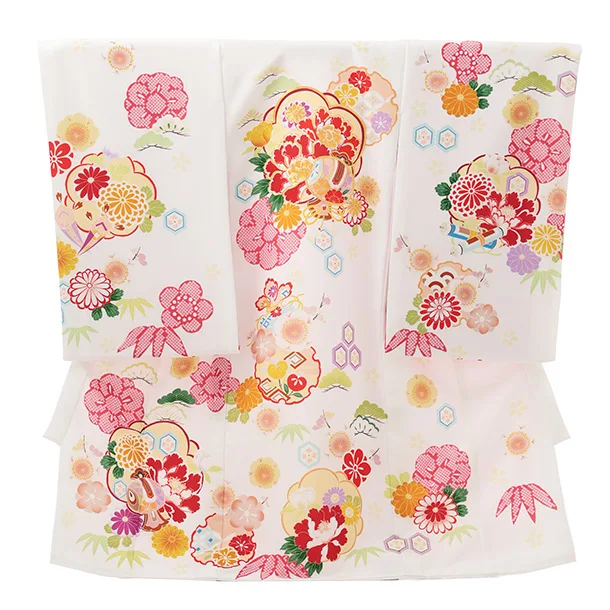 女児産着 お宮参りレンタルR023 白地 牡丹に松竹梅