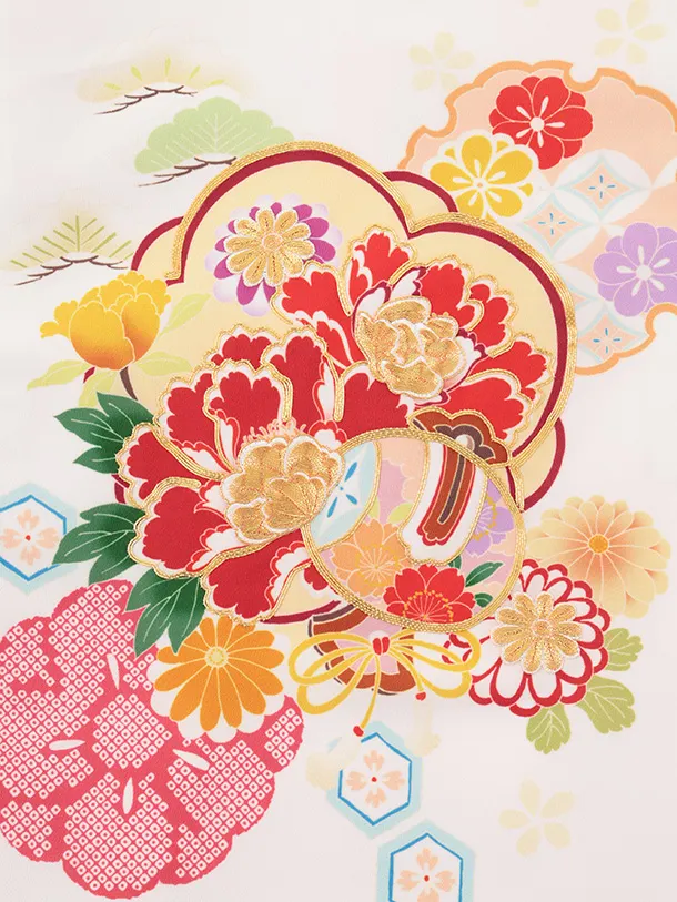 女児産着 お宮参りレンタルR023 白地 牡丹に松竹梅