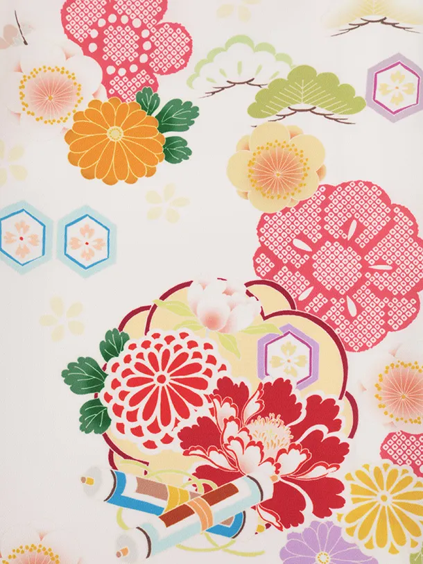 女児産着 お宮参りレンタルR023 白地 牡丹に松竹梅