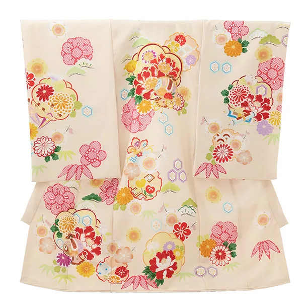 女児産着 お宮参りレンタルR024 ベージュ地 牡丹に松竹梅