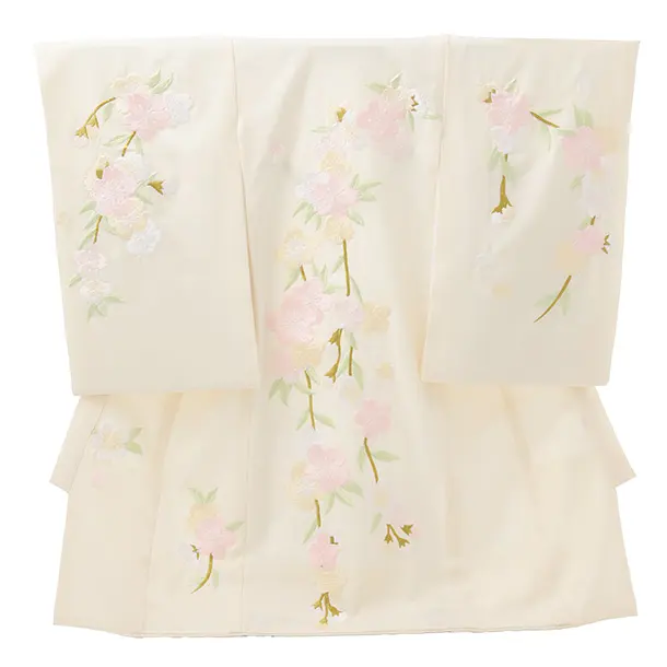 女児産着 お宮参りレンタルR025 薄黄ベージュ 刺繍桜