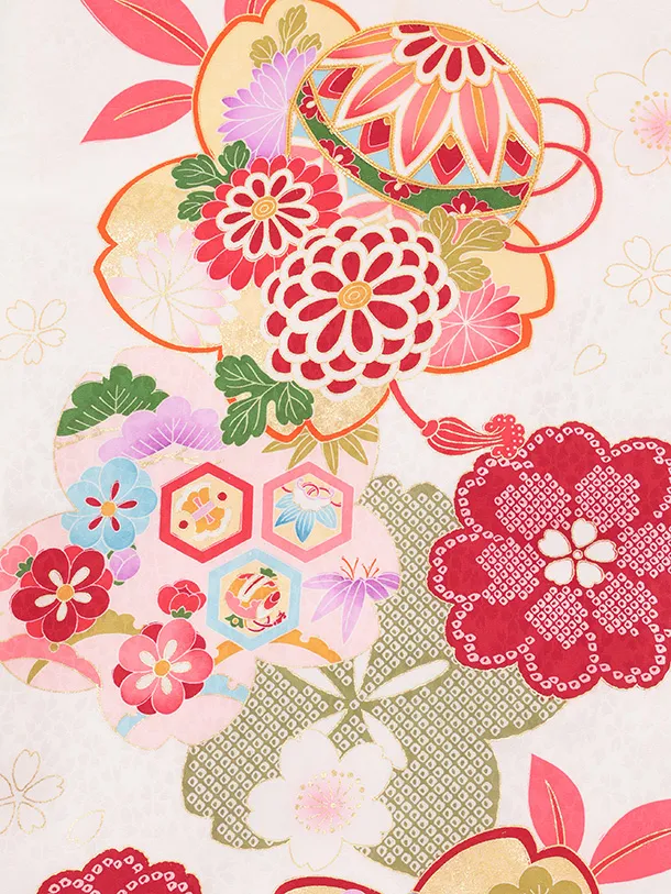 女児産着 お宮参りレンタルR050 【正絹】白地 桜にまり