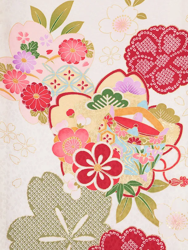 女児産着 お宮参りレンタルR050 【正絹】白地 桜にまり