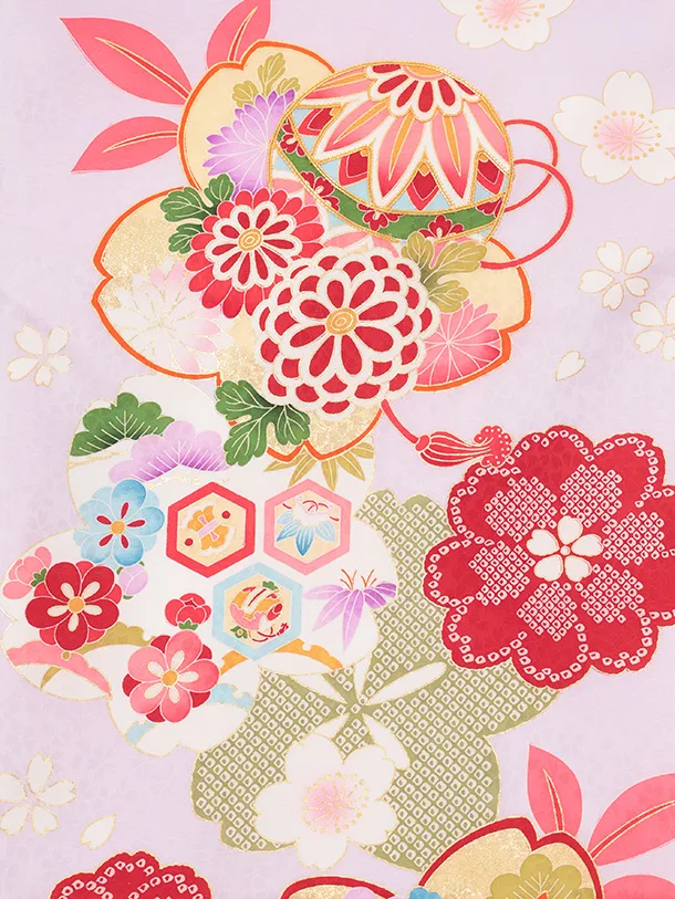 女児産着 お宮参りレンタルR051 【正絹】紫地 桜にまり