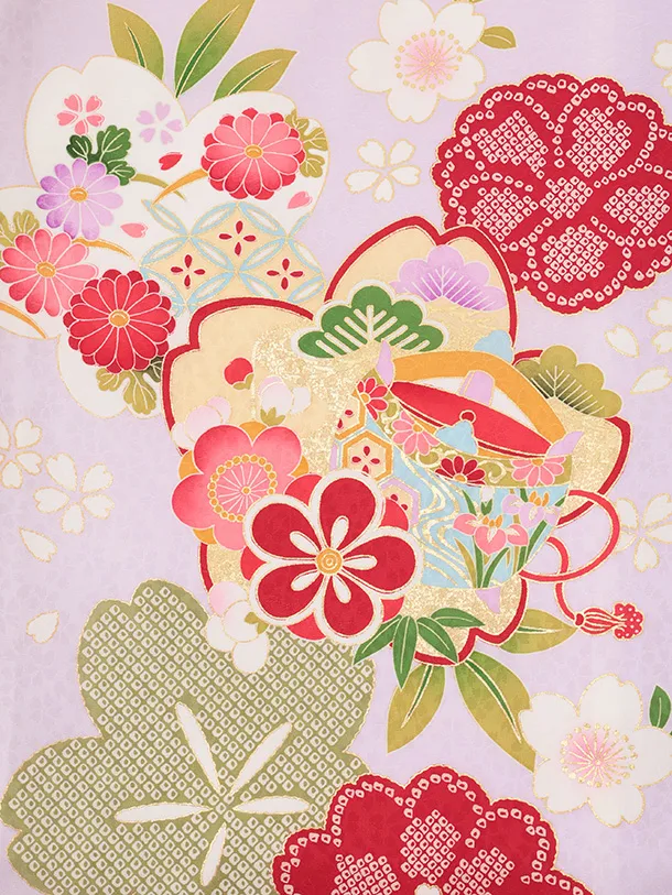 女児産着 お宮参りレンタルR051 【正絹】紫地 桜にまり