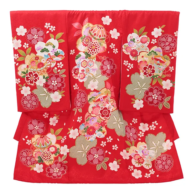 女児産着 お宮参りレンタルR052 【正絹】赤地 桜にまり