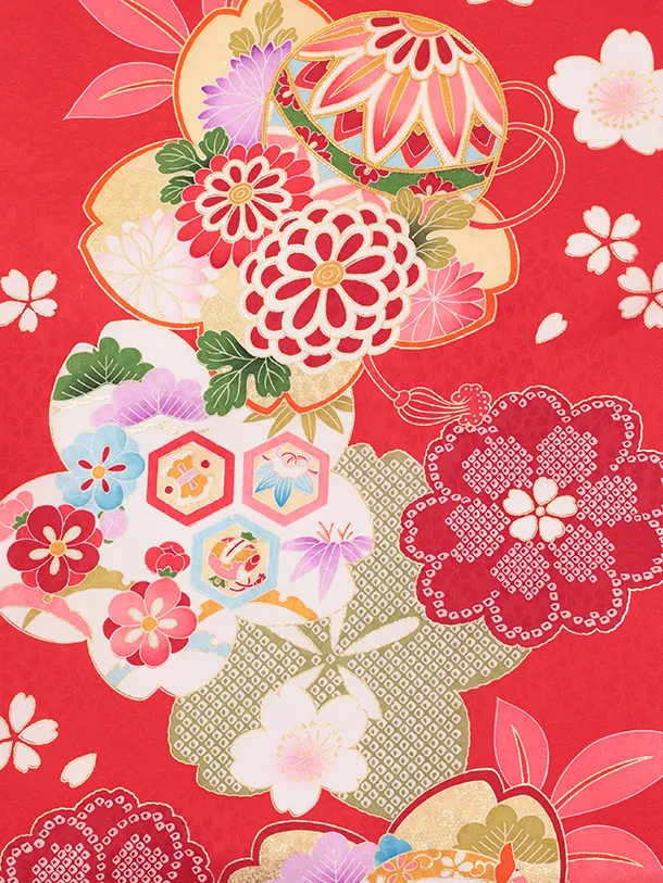 女児産着 お宮参りレンタルR052 【正絹】赤地 桜にまり