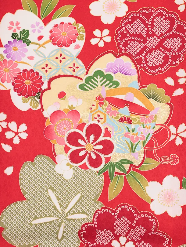 女児産着 お宮参りレンタルR052 【正絹】赤地 桜にまり